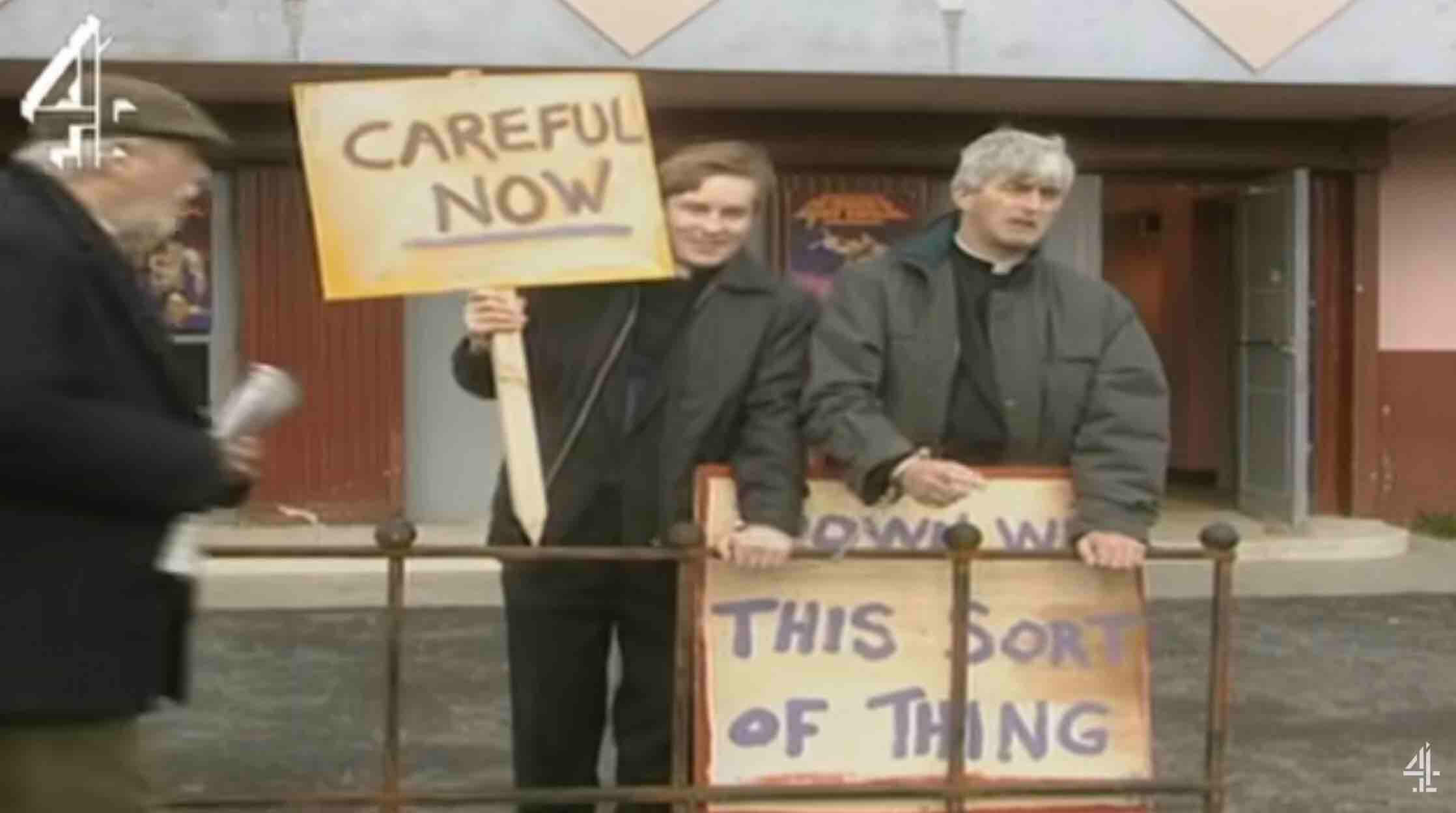 "Down with this sort of thing. Careful now." Fathers Ted and Dougal say enough's enough. Image: Channel 4 Entertainment
